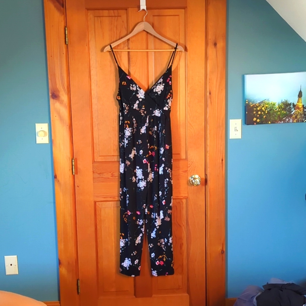 Kaileigh Black Floral Jumpsuit with Pink, White & Orange Accents